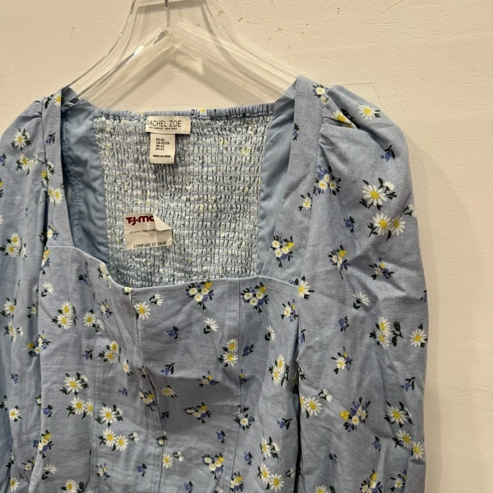 Rachel Zoe Square Neck Long Puff Sleeve Floral Top Linen Blend Smocked Back XS